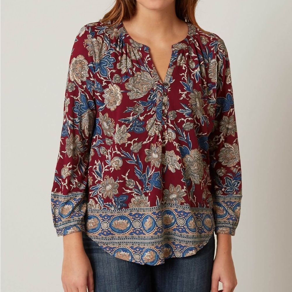 Lucky Brand Burgundy Boho Floral Paisley Peasant Henley Top | Small - Picture 1 of 8